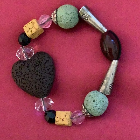 SILVER TONE BRACELET WITH MULTICOLOR VOLCANIC BEADS - Picture 1 of 2
